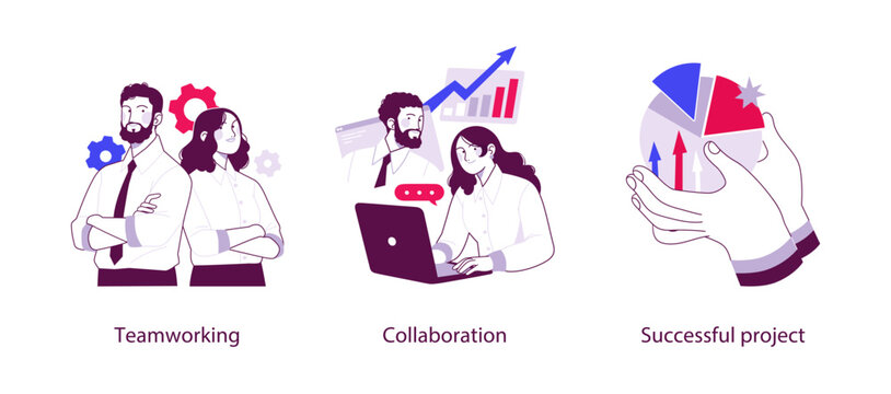Modern flat illustration depicting teamwork, collaboration, and successful project delivery with business partners, data charts, and shared goals concepts.