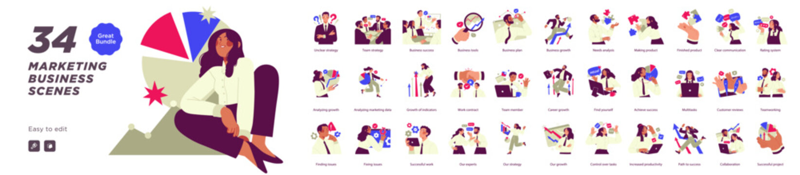 Large flat illustration bundle showing marketing and business scenes including strategy, analytics, communication, growth, teamwork, and customer interaction concepts.
