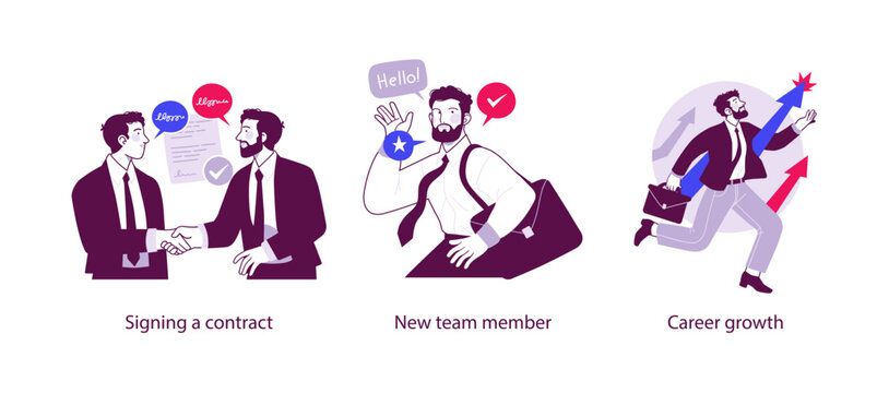 Flat business illustration showing signing a contract, welcoming a new team member, and career growth with professional development and success concepts.