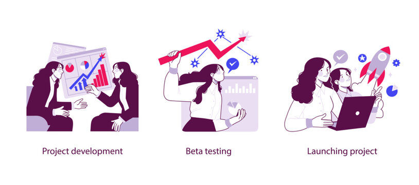 Flat business illustration showing project development, beta testing, and launching a project with teamwork, analytics, validation, and startup growth concepts.