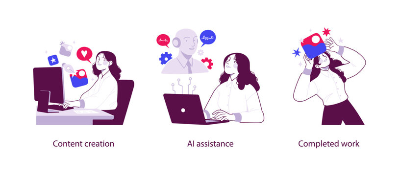 Flat illustration showing content creation, AI assistance, and completed work with artificial intelligence supporting productivity, creativity, and digital workflows.