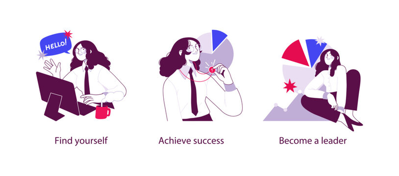 Flat business illustration showing personal development journey from self discovery to achieving success and becoming a confident leader with career growth concepts.