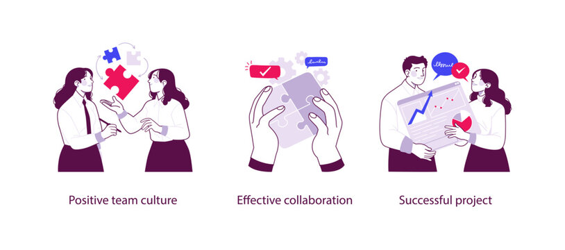 Flat business illustration showing positive team culture, effective collaboration, and successful project results through teamwork, communication, and shared goals.