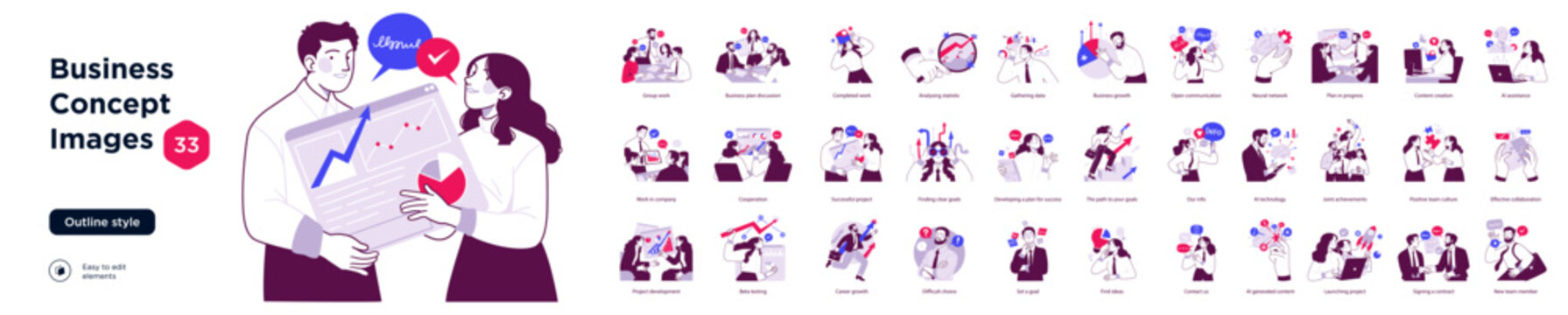 Outline style illustration set showing diverse business concepts including strategy, analytics, teamwork, growth, planning, problem solving, and professional collaboration.