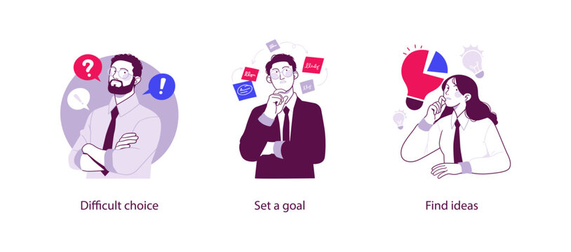 Flat business illustration showing a difficult choice, setting clear goals, and finding ideas through thinking, analysis, and creative problem solving concepts.