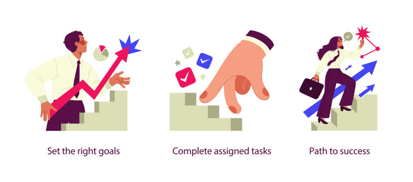 Flat business illustration showing setting the right goals, completing assigned tasks, and following a clear path to success with progress and achievement concepts.