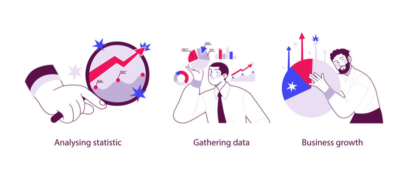 Flat business illustration showing analyzing statistics, gathering data insights, and achieving business growth through charts, metrics, and data driven decision making.