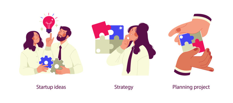 Flat business illustration showing startup ideas generation, strategic thinking, and project planning using puzzle pieces, teamwork, and creative problem solving concepts.