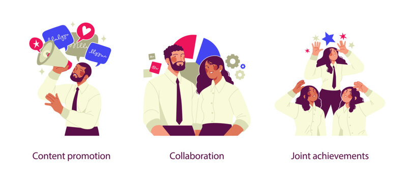Flat business illustration showing content promotion, team collaboration, and joint achievements with marketing communication, teamwork, and shared success concepts.