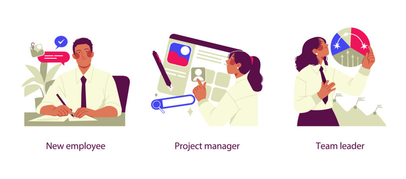 Flat business illustration showing new employee onboarding, project manager coordination, and team leader decision making with professional growth and leadership concepts.