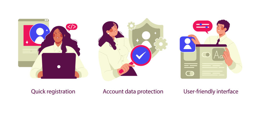 Flat business illustration showing quick user registration, secure account data protection, and user friendly interface design for modern digital platforms.