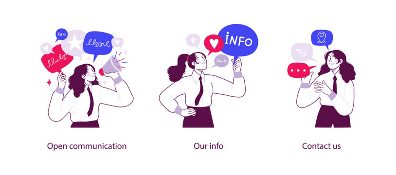 Flat business illustration showing open communication, sharing information, and contacting support with speech bubbles, messages, and friendly customer interaction concepts.