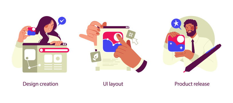 Flat business illustration showing design creation, UI layout planning, and product release with creative workflow, interface design, and successful launch concepts.