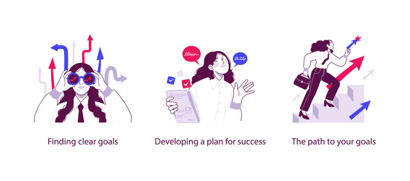 Flat business illustration showing finding clear goals, developing a plan for success, and following a focused path toward personal and professional achievement.