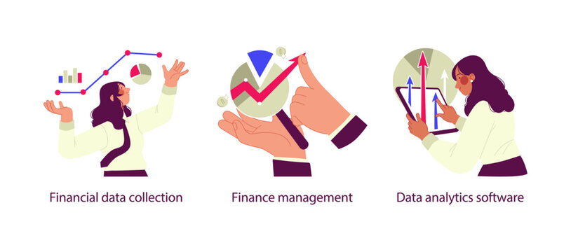 Flat illustration set showing financial data collection, finance management, and data analytics software, representing modern business analysis and decision-making.