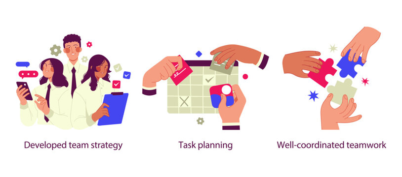 Flat illustration set representing effective teamwork: developing a team strategy, planning tasks, and achieving well-coordinated collaboration. Highlights structured workflows, shared responsibilitie