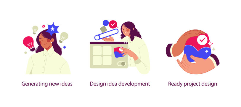 Flat illustration set showing the creative design process: generating new ideas, developing design concepts, and delivering a ready project. Represents creativity, UX design, and structured workflo