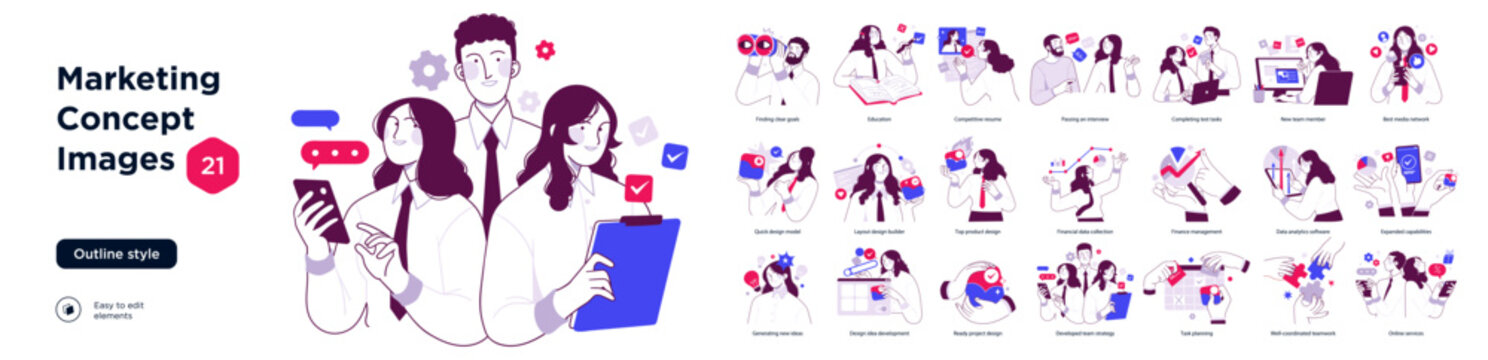 Outline style illustration bundle showing marketing concepts, digital communication, teamwork, analytics, education, career growth, and business productivity scenarios.
