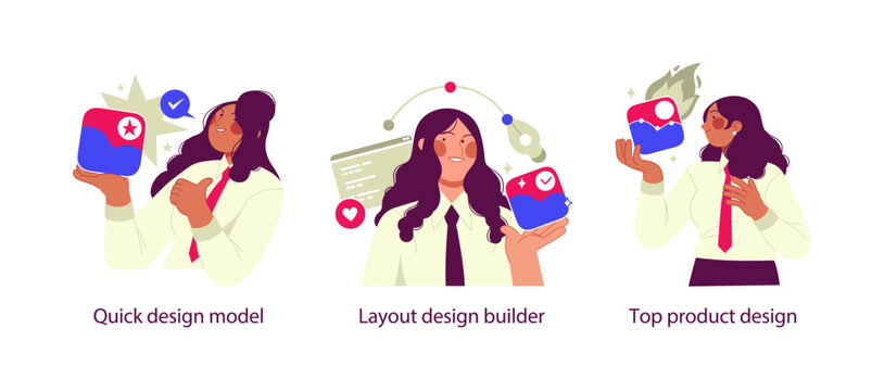Flat illustration set showing quick design modeling, layout design builder, and top product design, representing modern UI design workflow and creative product development.