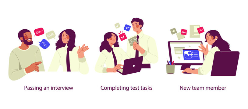 Flat illustration set showing passing a job interview, completing test tasks, and onboarding a new team member in a modern workplace.