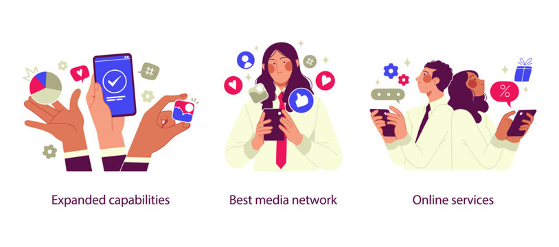 Flat illustration set showing expanded digital capabilities, best media network, and online services, representing social platforms, communication tools, and modern digital ecosystems.