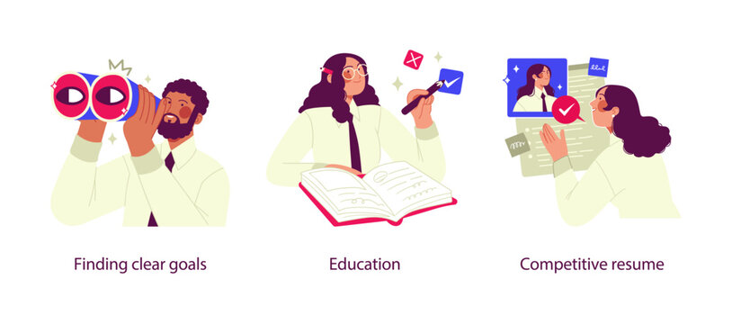 Flat illustration set showing finding clear goals, education and learning, and creating a competitive resume for career growth and professional development.
