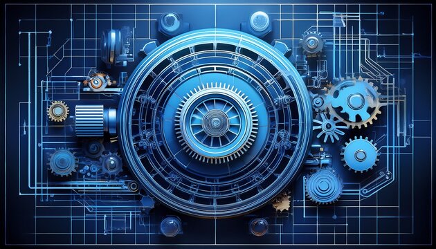 industrial machinery gears cogs blueprint digital engineering technology concept