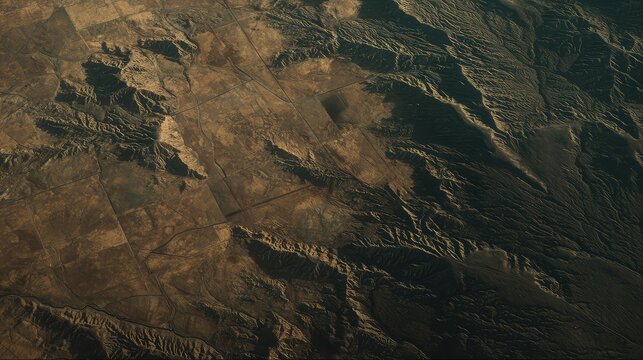 Aerial view of rugged arid desert terrain with mountains, plateaus and eroded landforms, showing textured patterns of valleys, plains and shadows under harsh sunlight