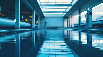 Naklejka premium Serene indoor swimming pool with reflective blue water and minimalist architecture creating a calm, modern, and futuristic atmosphere inside a contemporary building