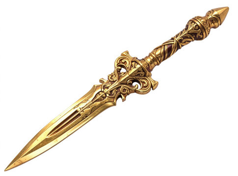 A golden dagger with ornate designs, suitable for medieval or fantasy settings