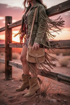 Woman wearing fringe jacket and boots walking by wooden fence at sunset