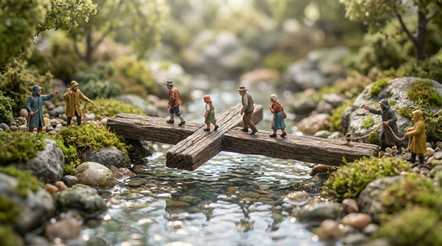 Miniature People Crossing a River Using a Cross as a Bridge