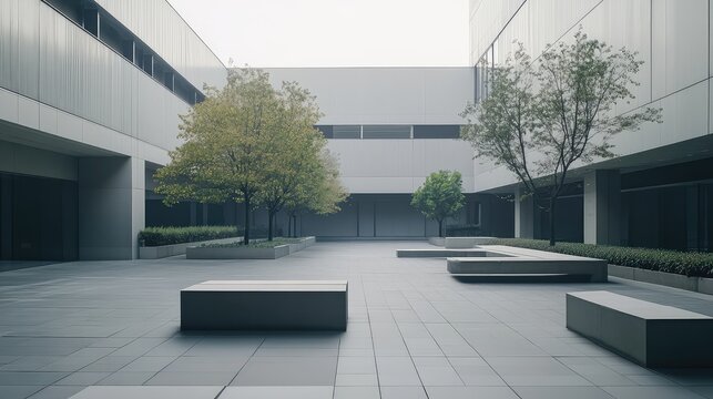 Urban plaza offering a quiet outdoor space with contemporary architecture, clean lines, geometric benches, and small trees providing a refreshing green accent in a sleek business environment