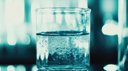 Fototapeta na wymiar Glass beaker containing liquid bubbling in laboratory