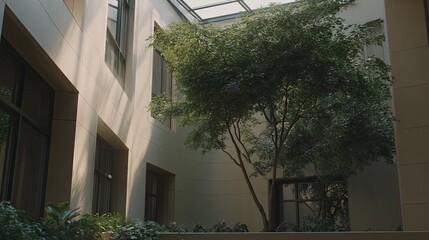 Fototapeta premium Indoor courtyard featuring a tree and lush plants basking in sunlight filtering through a modern skylight, creating a serene and contemporary architectural space