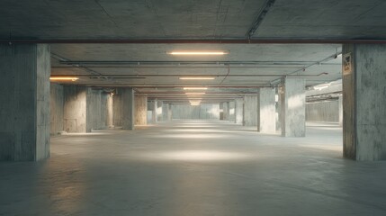 Naklejka premium Empty concrete parking garage creating an industrial minimalist background, with rows of pillars and fluorescent lights illuminating the vast underground space and casting light and shadows