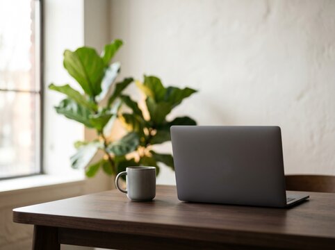 Modern Minimalist Workspace with Laptop Coffee Mug and Fiddle Leaf Fig Plant