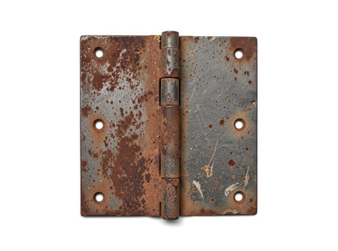 A worn-out door hinge with holes, suitable for use in old or abandoned building scenes