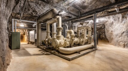 Fototapeta premium Underground industrial facility with pipeline system and pumps