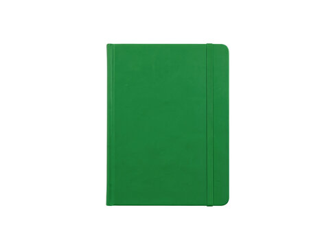 A green notebook lying flat on a clean white surface