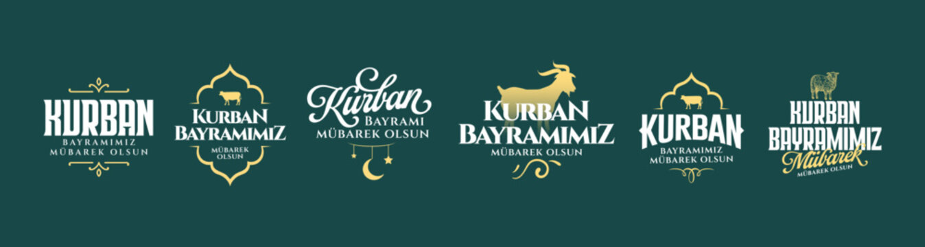 Kurban Bayramımız Kutlu Olsun tipografi logo set Translation: (Eid al-Adha Mubarak typography logo set) Feast of the Sacrifice Greeting.  Holy days of muslim community.