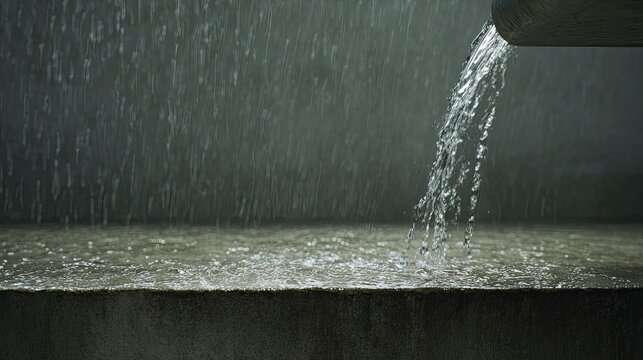 Rainwater powerfully discharging from a building's downspout, creating intricate splashes and ripples on the weathered concrete surface below during a heavy storm