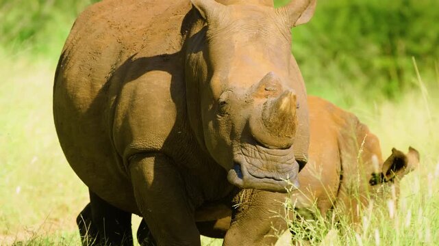 A black rhinoceros, (Diceros bicornis) grazing with her baby. 