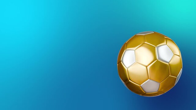 Gold and silver soccer ball spinning loop on blue background