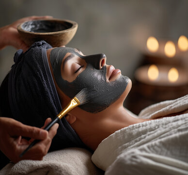 Tratamiento facial revitalizante con mascarilla oscura en un ambiente c&aacute;lido de spa. Un rostro relajado recibe un tratamiento con un producto denso aplicado suavemente sobre la piel.