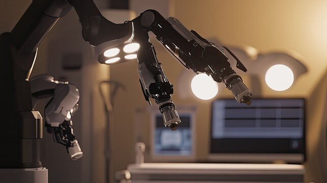 Robotic surgical arm performing medical operation in hospital