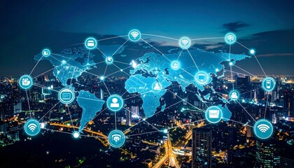 Fototapeta premium Glowing Global Network with Tech Icons Connecting a Luminous Night Cityscape