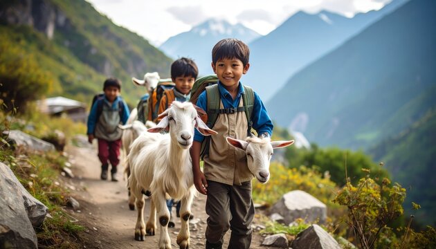 Young Shepherds' Journey: A Smiling Boy Carries a Goat Kid in the Himalayas.