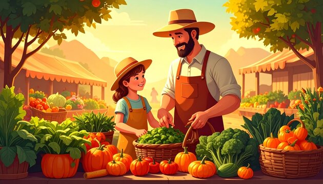 Wholesome Harvest: Father and Daughter Sharing a Joyful Moment at the Market.