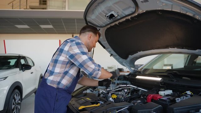 Professional auto mechanic repairing a car engine in a modern service center